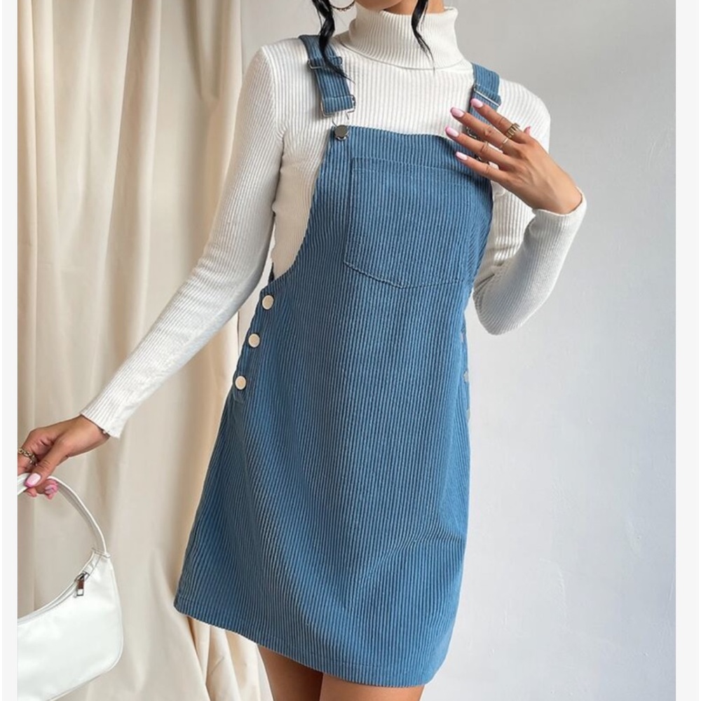 Classic Elegant Corduroy Solid Pocket Jumper Overall Dress Without Sweater - Picture 5 of 13